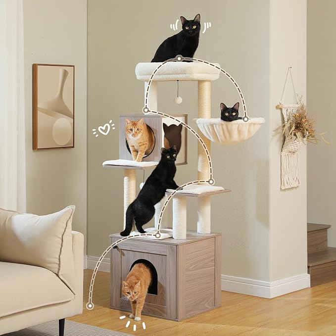 Tall Cat Tree with Litter Box Enclosure 57.5" Wooden Cat Tower for Large Cats with Cat Hammock House Bed (Wood Grey)