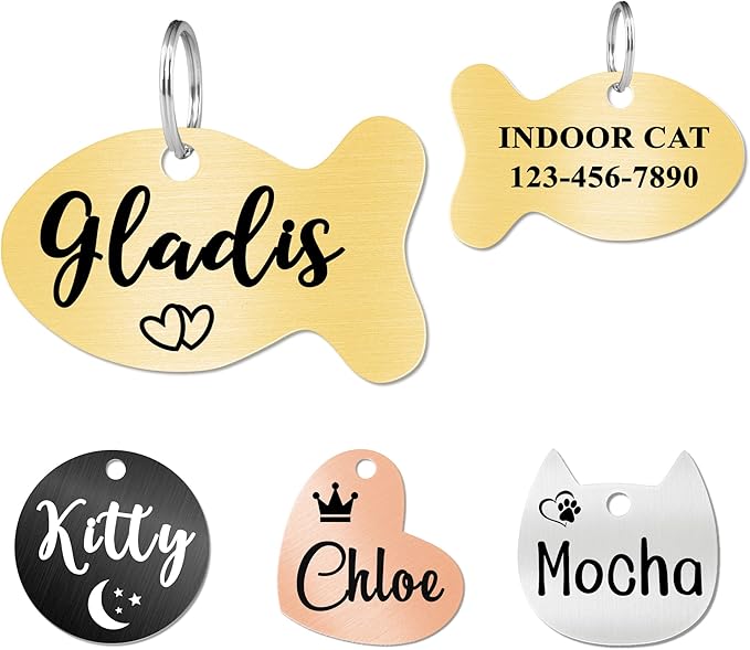 Ultra Joys Cat ID Tag Personalized Pet Tags, Durable Stainless Steel Small Pet Mini Dog Cat Tag Lightweight -Fish Tag in Gold