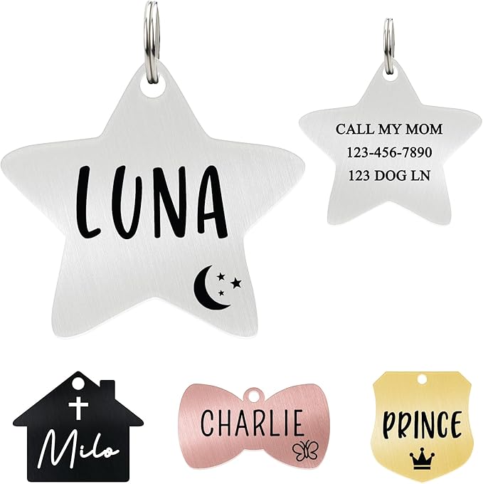 Ultra Joys Cat ID Tag Personalized Pet Tags, Durable Stainless Steel Small Pet Mini Dog Cat Tag Lightweight - Star Tag in Silver