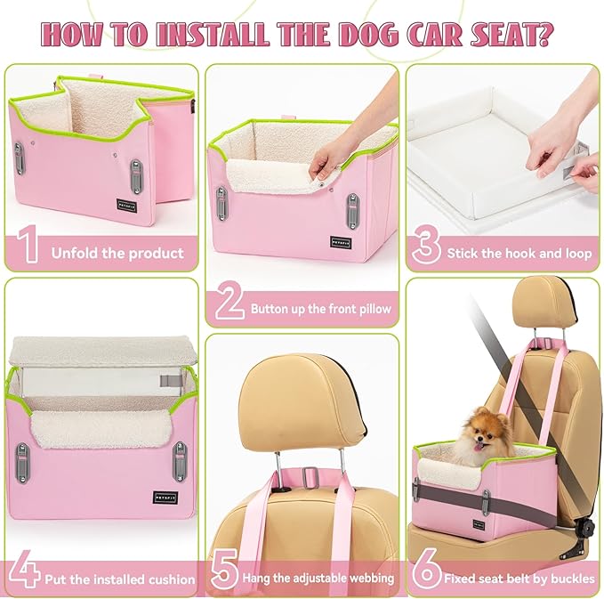 PETSFIT Small Dog Car Seat – Patented Safety Buckles – Safety Tether – Foldable Travel Cat Car Seat Reduces Anxiety & Road Trips – Stable Frame, Soft Cushion, Fits Front/Back Seat (Pink)