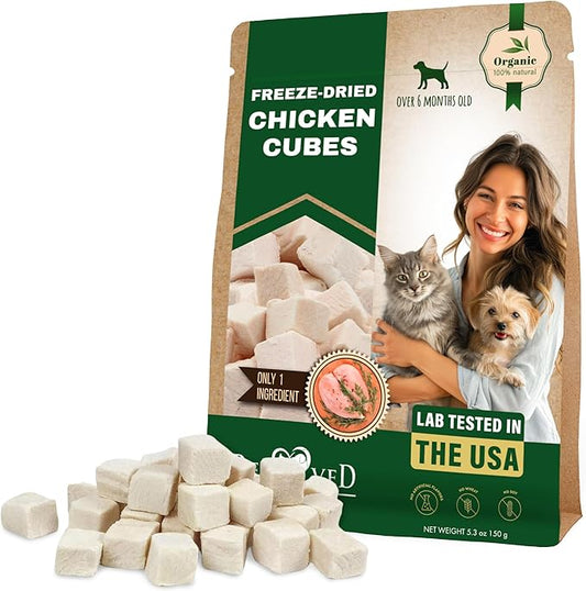 Beloved Pets Dog & Cat Treats Freeze Dried Chicken Cubes 5.3 oz - All Natural Meat Raw Pet Food - Human Grade High-Protein Snacks & Grain-Free Jerky Chews for Cats and Small Dogs