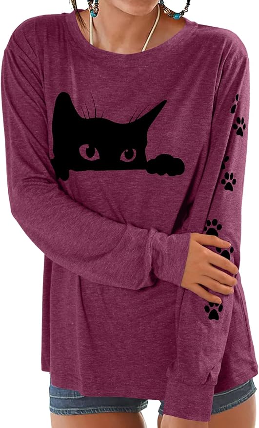 JINTING Cat Shirts for Women - Loose Fit Lightweight Long Sleeve Graphic Tee Fall Printed Crewneck Blouse Casual Tops