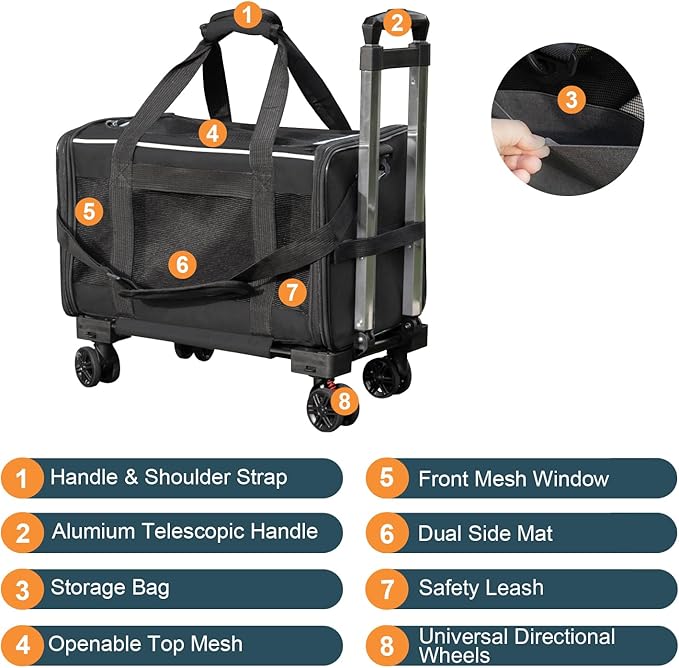 Pet Carrier with Wheels - Soft-Side Wheeled Cat Carrier for Dogs with Telescopic Handle, Collapsible Rolling Pet Travel Bag Carrier for Large Cats Small Medium Dogs for Camping Vet Visiting Black