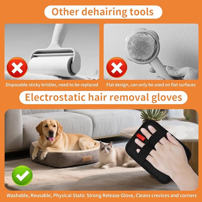 2Pcs Pet Hair Removal Glove, Upgraded Electrostatic Pet Hair Remover Gloves for Cats & Dogs, Reusable Magic Brush Pet Hair Remover Tool for Laundry, Couch, Carpet, Car Seat