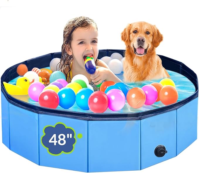 Dog Pool, Foldable Pet Swimming Pool with 6mm High-Strength PP Board, Hard Plastic Collapsible Doggy Pools for Small Dogs Kitty Duck, Non-Slip Doggie Bathtub Quick to Set Up and Drainage Hole, 48.2"