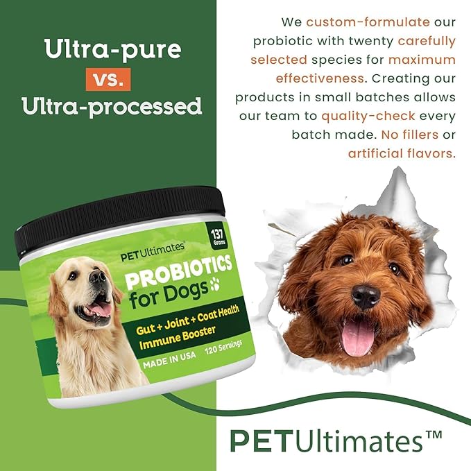 Pet Ultimates Probiotics for Dogs – 22-Species Dog Probiotics for Digestive Support & Antibiotics Recovery – Skin and Coat Supplement, Enhances Vitality – Dog Health Supplies (2 Pack)