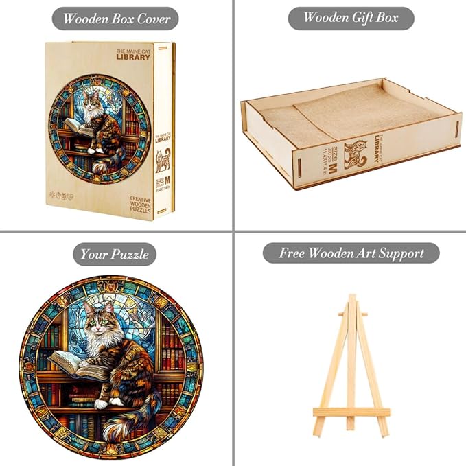 Wooden Puzzles Adults, Maine Cat Library Wooden Puzzles 200 Pieces, Unique Animal Shaped Wood Challenging Jigsaw Puzzles Gifts for Adults, 11.4x11.4in