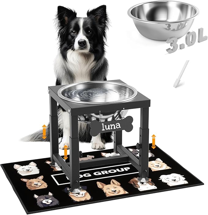 0.8 Gallon Elevated Dog Water Bowl for Medium Dog, 4-Height Adjustable (8–12.2'') Raised Stainless Steel Bowl with Spill-Proof Mat & Sturdy Metal Stand, Easy-Clean Feeder for Indoor/Outdoor Use