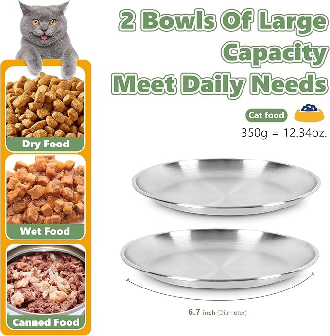 4-Pack Stainless Steel Cat Food Bowls, Shallow Whisker-Friendly Non-Slip Silicone Base Metal Dishes, Easy to Clean Indoor Feeding Flat Plates for Cat, Kitten, Small Dog (6.7")