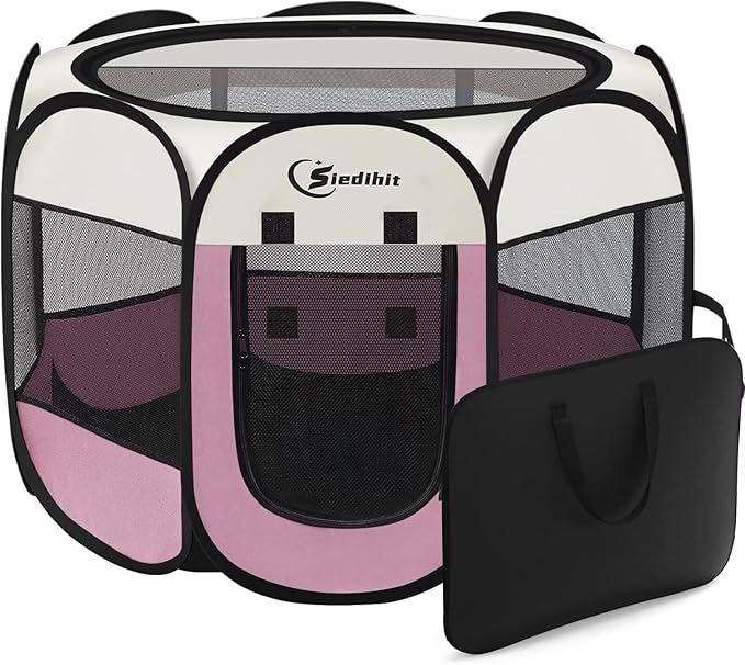 Pink Puppy Playpen for Large Dog Cat, Dog Tent Crates Cage Indoor/Outdoor, Portable Pop Up Dog Kennel with Carrying Bag for Rabbits, (Pink, Large)