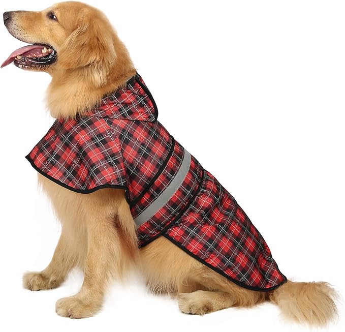 HDE Dog Raincoat Jacket Reflective Adjustable Hooded Pet Poncho Rain Coat with Leash Hole for Small to X-Large Dogs Plaid - XL