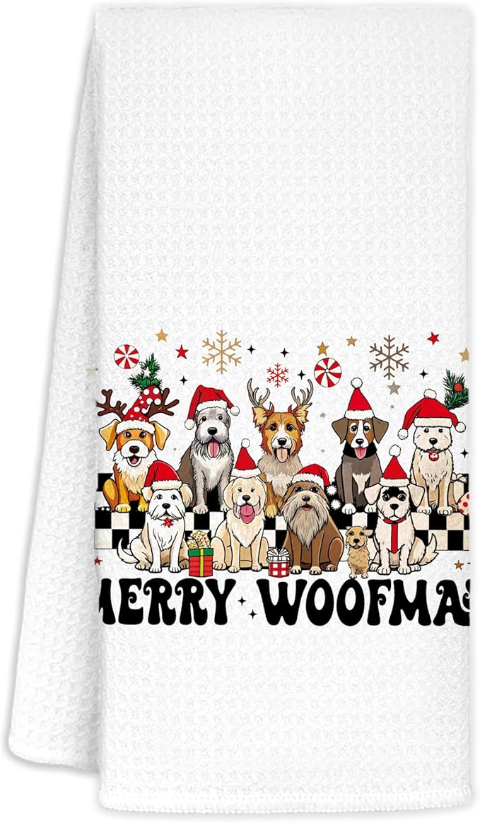Christmas Dog Kitchen Towels, Merry Woofmas Christmas Hand Towels for Bathroom Dish Towels Tea Towels for Kitchen Decor for Bathroom, 16x24 Inches
