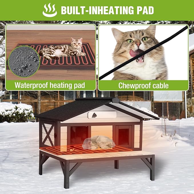 GUTINNEEN Heated Cat House for Outside Large Insulated Cat House Outdoor Weatherproof Feral Cat Shelter with Heated Pad, Insulated All-Round Thermal Liner, Chewproof Cable for Multiple Cats in Winter