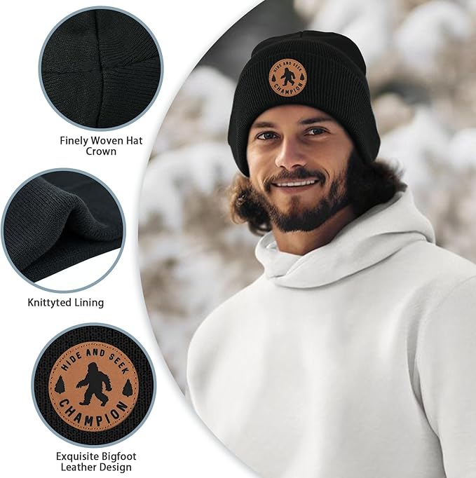 Big Foot Beanie Hat, Sasquatch Leather Patch Winter Knit Skull Cap Bigfoot Gifts for Adult Men Women