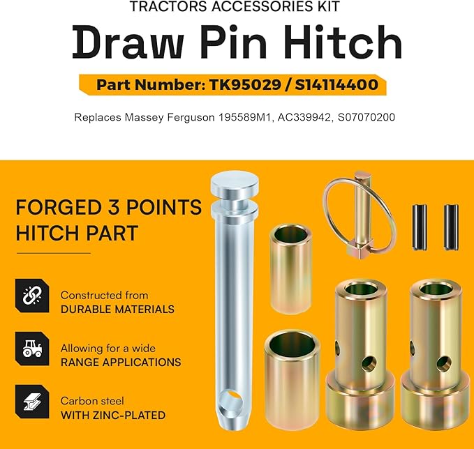 4 Pack TK95029 Cat 1 Quick Hitch Adapter Bushing Kit with S07070200 Top Link Pin and S14114400 Lynch Pin with Ring Fit for Category 1 3-Point Quick Hitches and Tractors