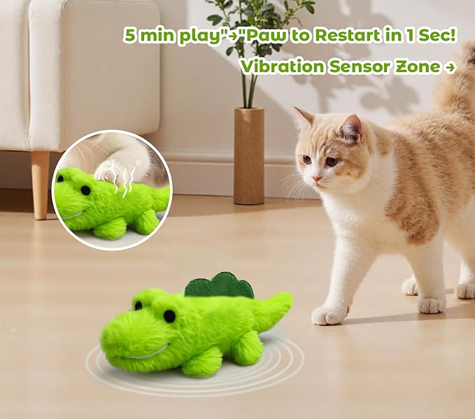 Interactive Cat Toys for Indoor Cats - Self-Charging Croc Chase Toy with 360° Motion, Wagging Tail & Catnip, Automatic Exercise Toy for Bored Kittens/Adults(Long Plush)