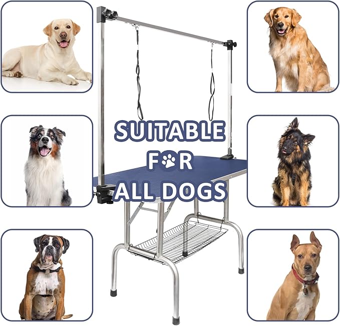 ROOMTEC 46" Dog Grooming Table,Foldable Home Pet Bathing Station with Adjustable Height Arm/Noose/Mesh Tray