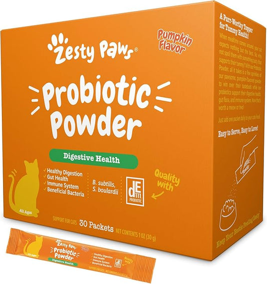 Zesty Paws Probiotics for Cats - Powder Meal Topper for Digestive, Immune System Support for Feline Biome - Premium DE111 Cat Probiotics for Digestive Health - Fiber & Yeast Extract - Pumpkin - 30 Ct