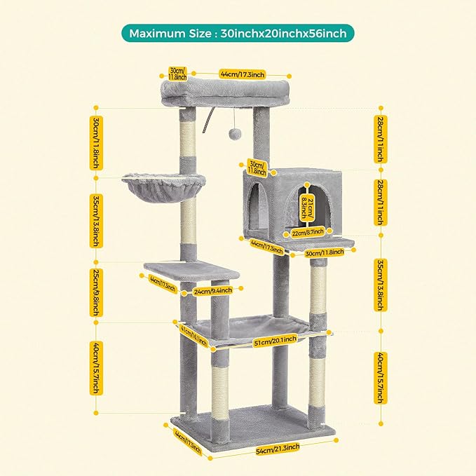 PAWZ Road Cat Tree, 56 Inches Tower Condo with Large Top Perch & Hammock, Cat Tower with Scratching Posts for Indoor Cats，Gray