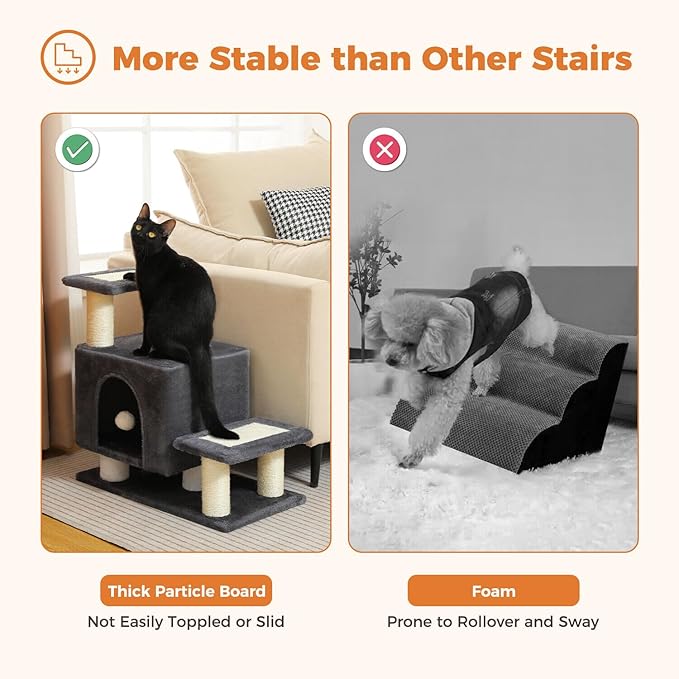 3-in-1 Dog Stairs & Cat Scratching Post with Condo, Pet Steps for High Bed, Sofa, Couch, Tall Cat Tower, High-Strength Board for Indoor Small Cats Kittens Dogs Climbing Playing, 3 Steps-Dark Grey