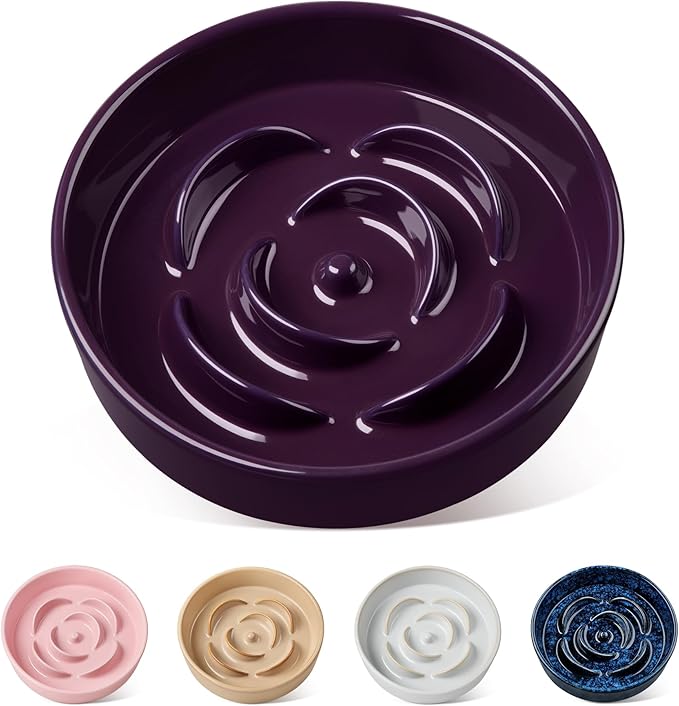 vancasso Slow Feeder Dog Bowl, 0.6 Cups Ceramic Dog Food Dish for Fast Eaters Small Breed, Puzzle Bowl for Small Dogs and Cats, Dark Purple