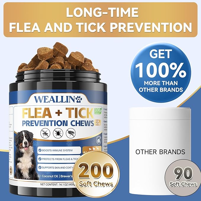 Flea and Tick Prevention for Dogs, 200 Soft Chews for Dog Fleas Ticks Treatment, Natural Dogs Oral Flea Chewables Support Supplement, Flea and Tick Chews for All Breeds & Sizes