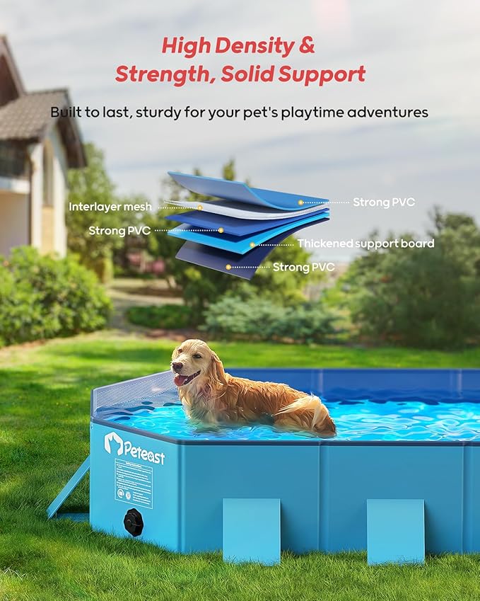Peteast Foldable Dog Pool - Extra Large 71" x 39" x 12" Hard Plastic Portable Pet Bath Tub with Non-Slip & Reinforced Stability, Collapsible Design for Indoor Outdoor Backyard Use (Blue)