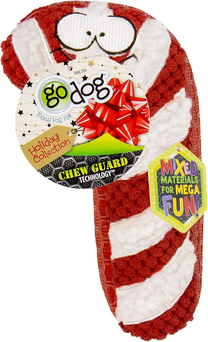 goDog Holiday Collection Mixed Materials TPE-Plush Candy Cane Squeaky Dog Toy, Chew Guard Technology - Red/White, One Size