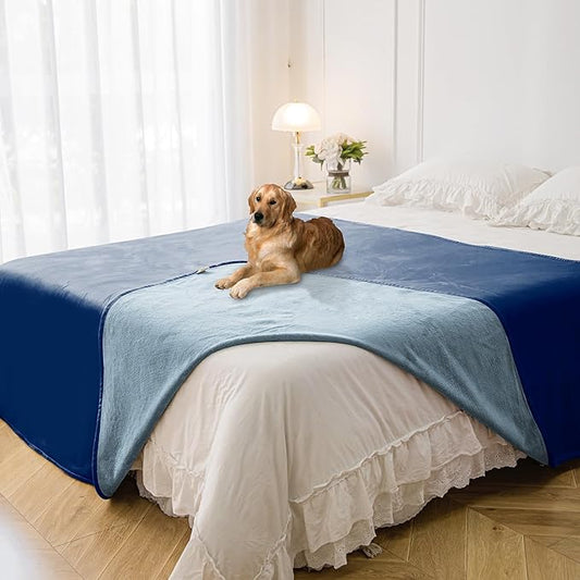 Waterproof Blanket for Bed Protection, Washable Dog Blankets for Couch, Soft Reversible Pet Throw Furniture Protector Cover for Sofa-82"x120",Navy Blue+Stone Blue