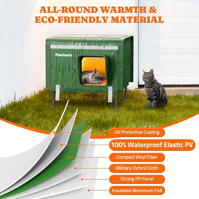 Pawtners Heated Outdoor Cat House for Outside Cats, 19'' Large Insulated Weatherproof Cat Shelter with Heated Pad, Elevated Feet & Escape Door, Warm Kitty House for Feral or Stray Cats in Winter