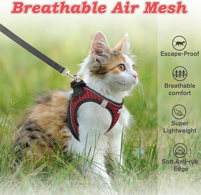 Cat Harness and Leash for Walking Escape Proof, Adjustable Kitten Vest Harness Reflective Soft Mesh Puppy Harness for Outdoor, Comfort Fit, Easy to Control (Red, XS)