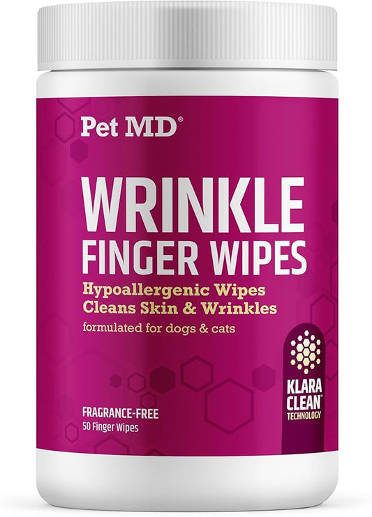 Pet MD Wrinkle Finger Wipes for Dogs & Cats - Dog Tear Stain Remover and Debris Cleaner for Skin Folds - Fragrance-Free & Hypoallergenic Grooming Wrinkle Wipes French Bulldog, Pug, and More - 50ct