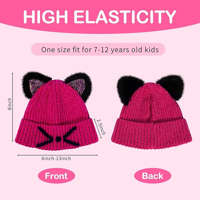 Kids Girls Cat Ear Hat Winter Warm Knit Beanie Cute Ski Skull Cap for Ages 7-12