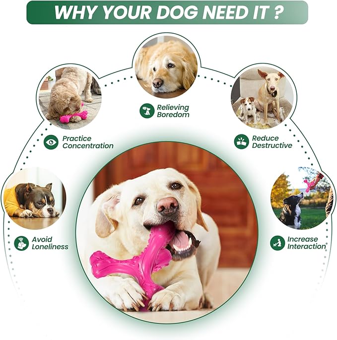 Dog Chew Toys for Aggressive Chewers Large Breed,Indestructible Bones Toy，Durable Cleaning Toothbrush Natural Rubber Dog Toys… (Pink)