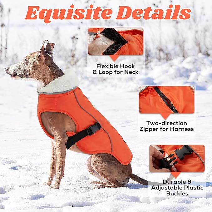 EMUST Winter Dog Jacket, Windproof Dog Apparel for Cold Weather, Reflective Coats for Dogs, Warm Puppy Jacket for Cold Winter, Orange, S
