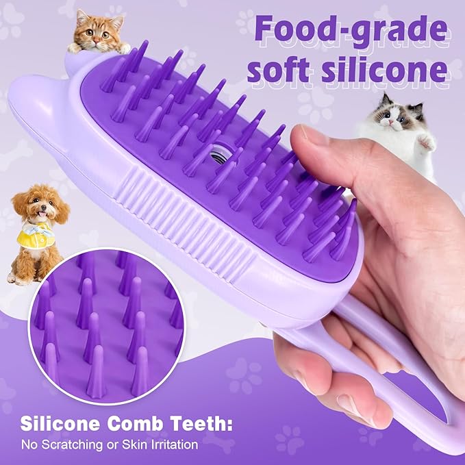 Cat Steam Brush for Shedding, Spritz Defur Comb 3 in 1 Pet Rechargeable Steam Brush Tool for Long and Short Haired Cats and Dogs, Anti-Static, Shedding, Detangling, Massage & Combing (Purple)