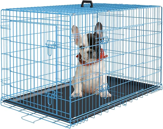 PayLessHere Small Dog Crate Kennel 24 inches Metal Dog Cage Double-Door Folding Travel Indoor Outdoor Puppy Playpen with Divider and Handle Plastic Tray,Blue