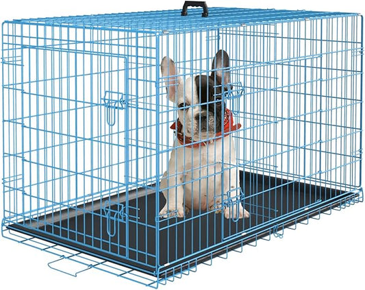 PayLessHere Small Dog Crate Kennel 24 inches Metal Dog Cage Double-Door Folding Travel Indoor Outdoor Puppy Playpen with Divider and Handle Plastic Tray,Blue
