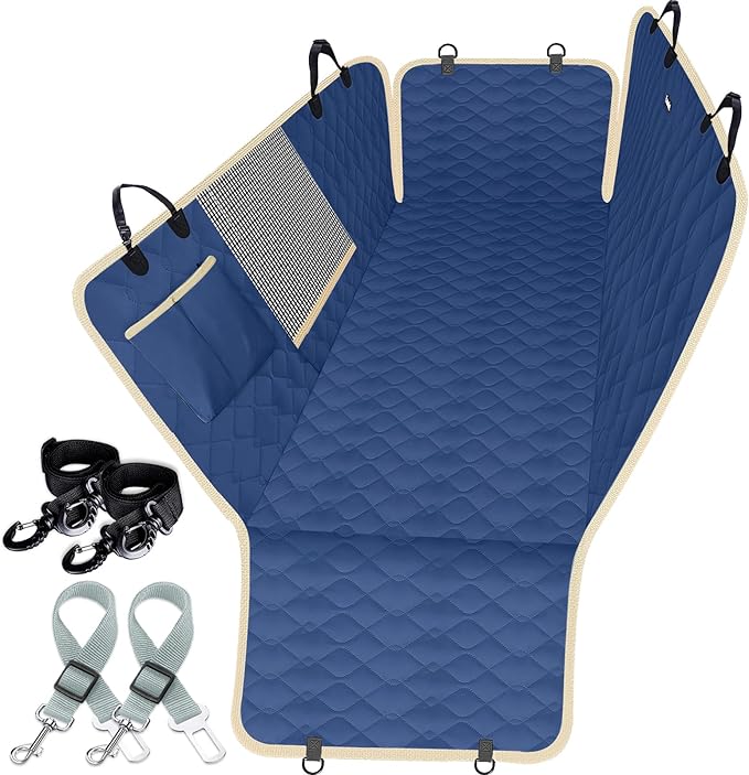 Lassie Dog Car Seat Covers for Back Seat with 2 Seat Belts, Waterproof Dog Car Hammock with Mesh Window Durable Scratch Proof Nonslip Pet Carseat Covers Universal Fit Protector for Cars, Trucks & SUVs