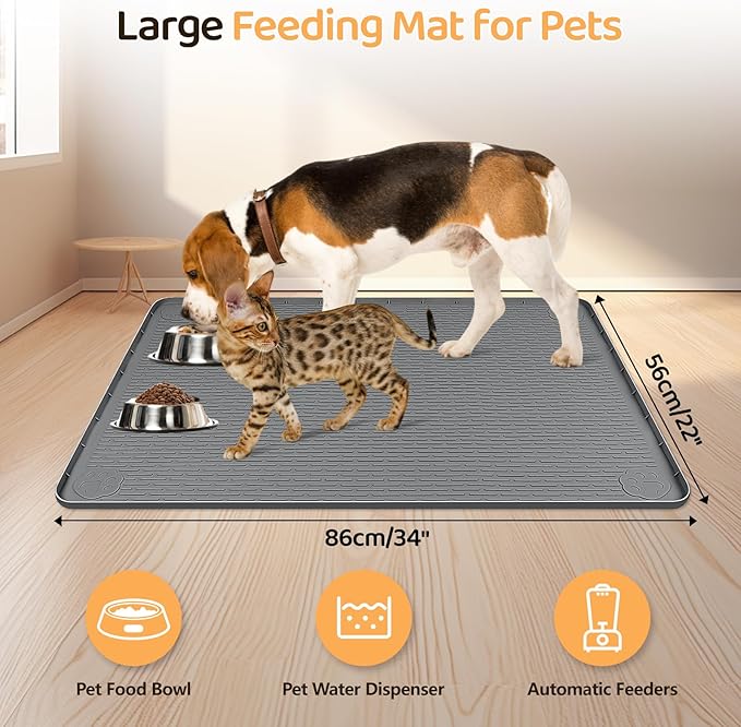Dog Food Mat, Extra Large 34" x 22" Silicone Pet Feeding Mat with Raised Edge Pet Placemat for Small, Medium, and Large Pets Non-Slip, Easy to Clean (Dark Grey)