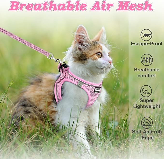 Cat Harness and Leash for Walking Escape Proof, Adjustable Kitten Vest Harness Reflective Soft Mesh Puppy Harness for Outdoor, Comfort Fit, Easy to Control (NPink, M)