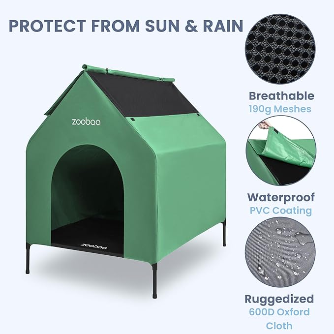 29" 2-in-1 Dog House for Medium Dogs, Elevted Dog House Outdoor/Indoor, Weatherproof Elevated Pet Shelter, Breathable Mesh & Steel Frame, Easy to Assemble & Clean(Green)