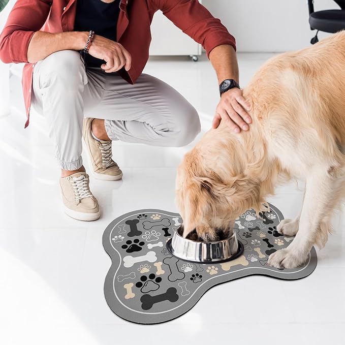 Dog & Cat Food Mat Bone Shaped Pet Feeding Mat Quick Absorb Water Bowl Placemat with Rubber Backing Indoor Floor Stain Resistant Pet Accessory Supplies (Gray, 12x18 Inches)