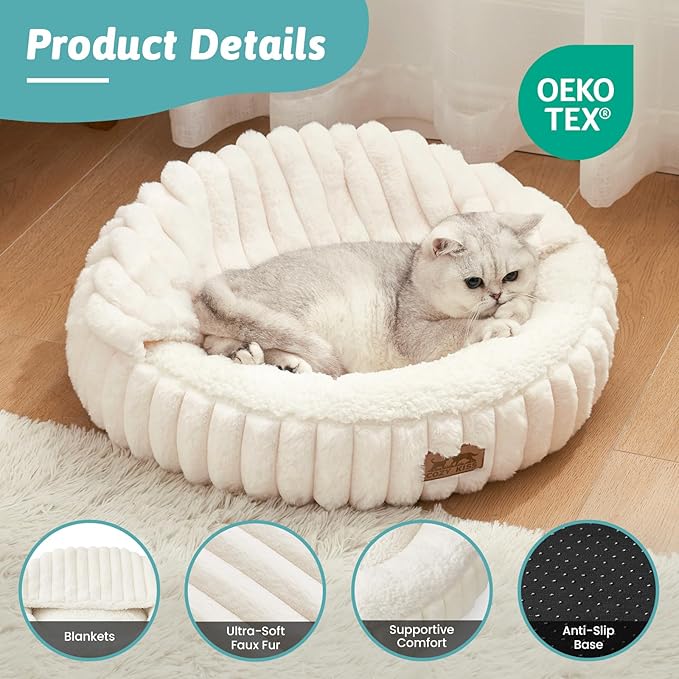 Cat Bed with Hooded Blanket, Round Fluffy Anti-Anxiety Pet Bed for Cats/Toy Breed Dogs, Cozy Donut Cuddler with Machine Washable Faux Fur & Anti-Slip Bottom(20"×20"×6",Cream)