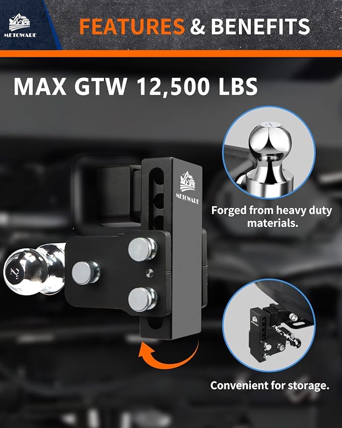METOWARE Adjustable Trailer Hitches Fits 2-Inch Receiver - Adjustable Ball Mount with 4-Inch Drop/Rise (12,500 LBS GTW) - Dual Ball (2'' x 2-5/16'') and Anti-Theft Stainless Steel Trailer Lock