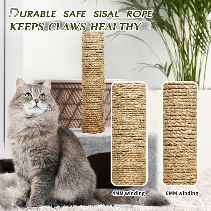 Natural Sisal Rope 1/4 Inch by 32-Feet for Cat Scratching Post Tree Tower Replacement Repair and Replace, DIY Hemp Twine Rope for Kittens Shelves Furniture Window Bed Perch House, 6mm by 10m