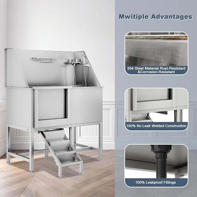 50" Pet Dog Bathing Station, Stainless Steel Dog Bathtub W/Ramp, Floor Grate, Dog Bath Brush, Washing Gloves for Home, Professional Dog Washing Station for Pets (50 Inch Left Door)