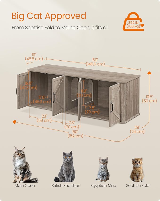 Feandrea Double Cat Litter Box Enclosure, Modern Litter Box Furniture Hidden for 2 Cats, Front Entry, Cat House, Side End Table, TV Stand, 59 x 19 x 19.5 Inches, Heather Griege UPCL010G01