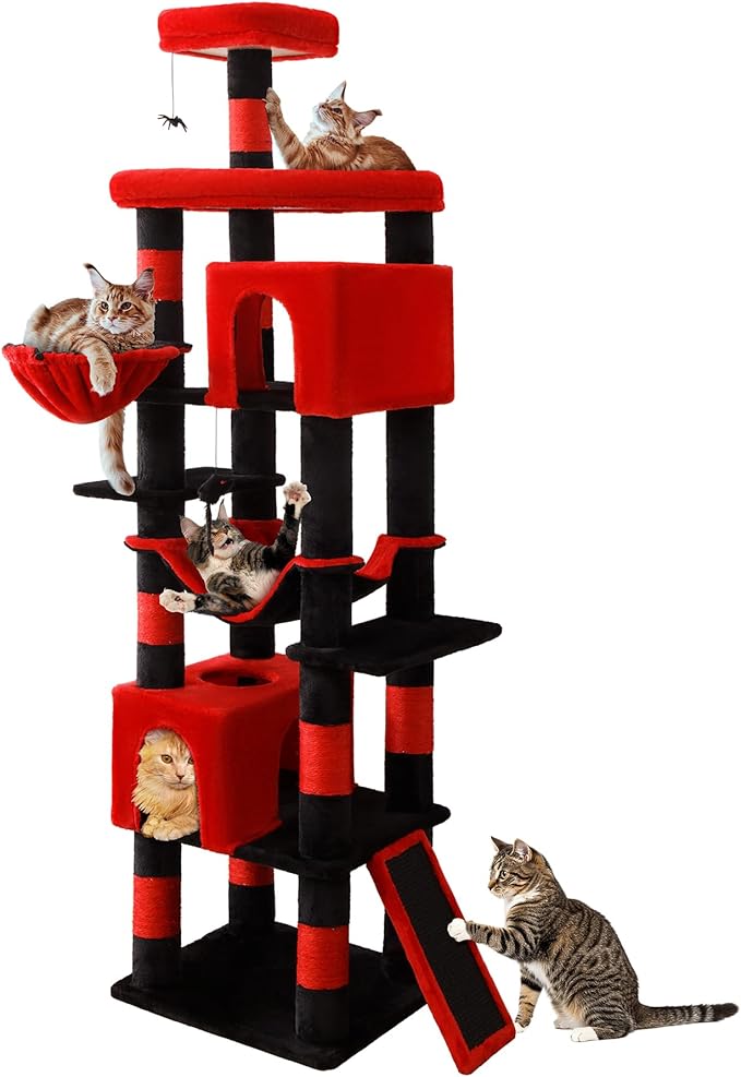 AMHANCIBLE Gothic Heavy Duty Cat Tree for Indoor Cats Large Adult 20 lbs+, 83 Inch Multi-Level Tall Cat Tower with Scratching Post and Board, Hammock, Condos, Hanging Basket, Black Red, PT21RD