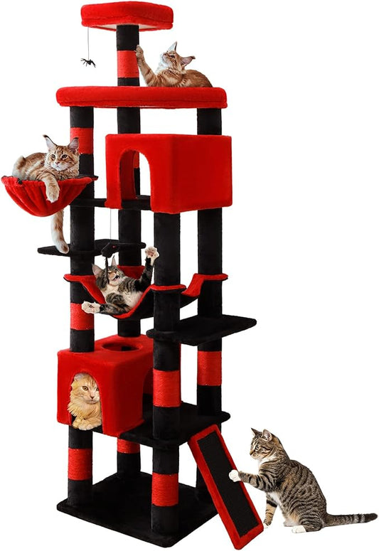 AMHANCIBLE Gothic Heavy Duty Cat Tree for Indoor Cats Large Adult 20 lbs+, 83 Inch Multi-Level Tall Cat Tower with Scratching Post and Board, Hammock, Condos, Hanging Basket, Black Red, PT21RD